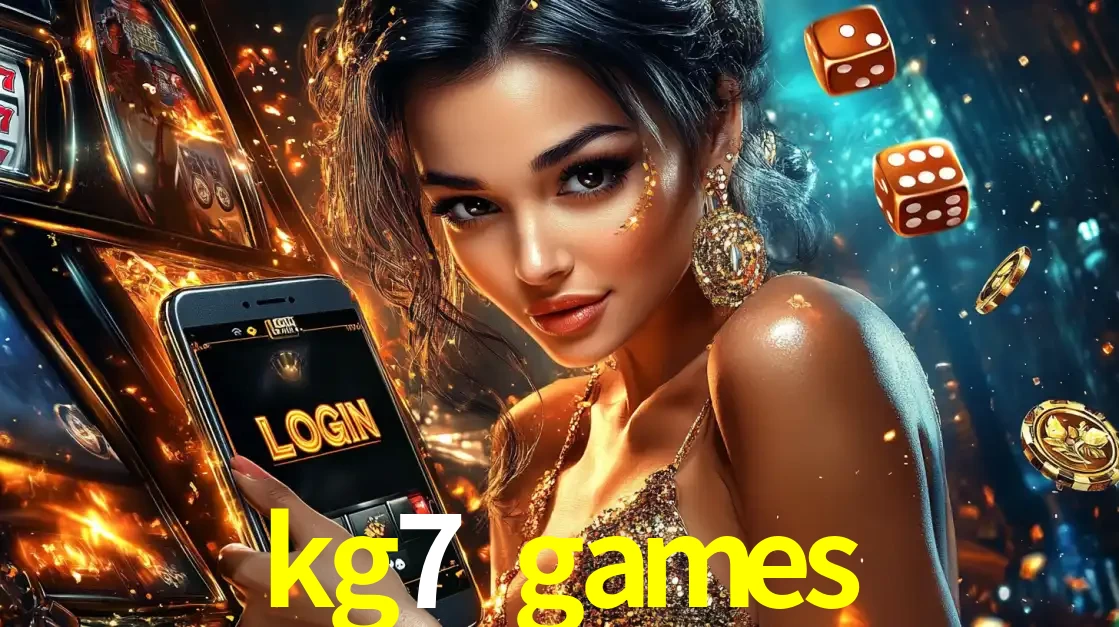 Mulher glamourosa segurando um celular com a tela de login do cassino kg7 games, rodeada por dados e moedas douradas, pronta para começar a diversão.