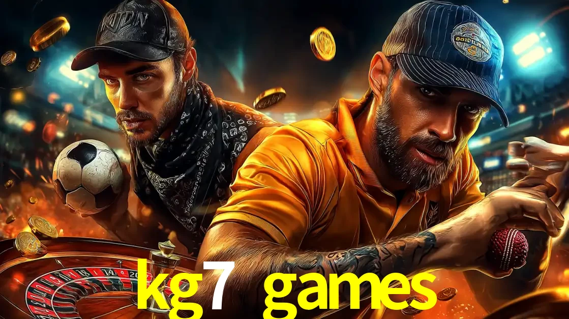 Montagem de apostas esportivas e cassino no kg7 games, com um homem segurando uma bola de futebol e outro uma de beisebol sobre uma roleta e moedas voadoras.