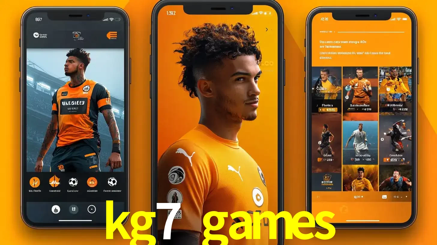 Interface do aplicativo de apostas esportivas kg7 games em três telas de celular, mostrando o perfil de um jogador de futebol e a lista de jogos disponíveis para apostar.