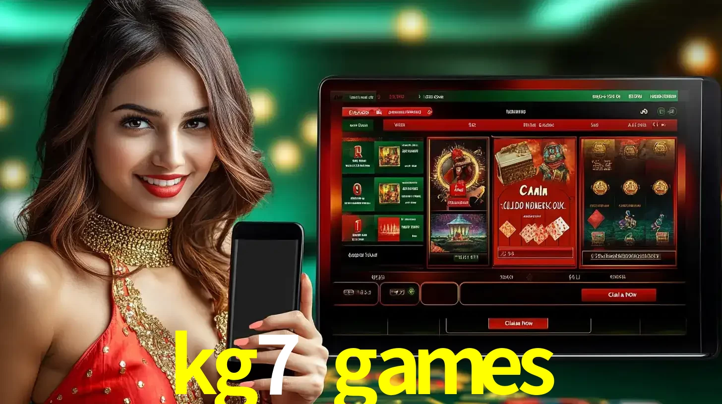 Mulher sorridente segurando um smartphone, ao lado de uma tela exibindo o lobby de jogos do cassino online kg7 games, com várias opções de jogos de cartas e slots.